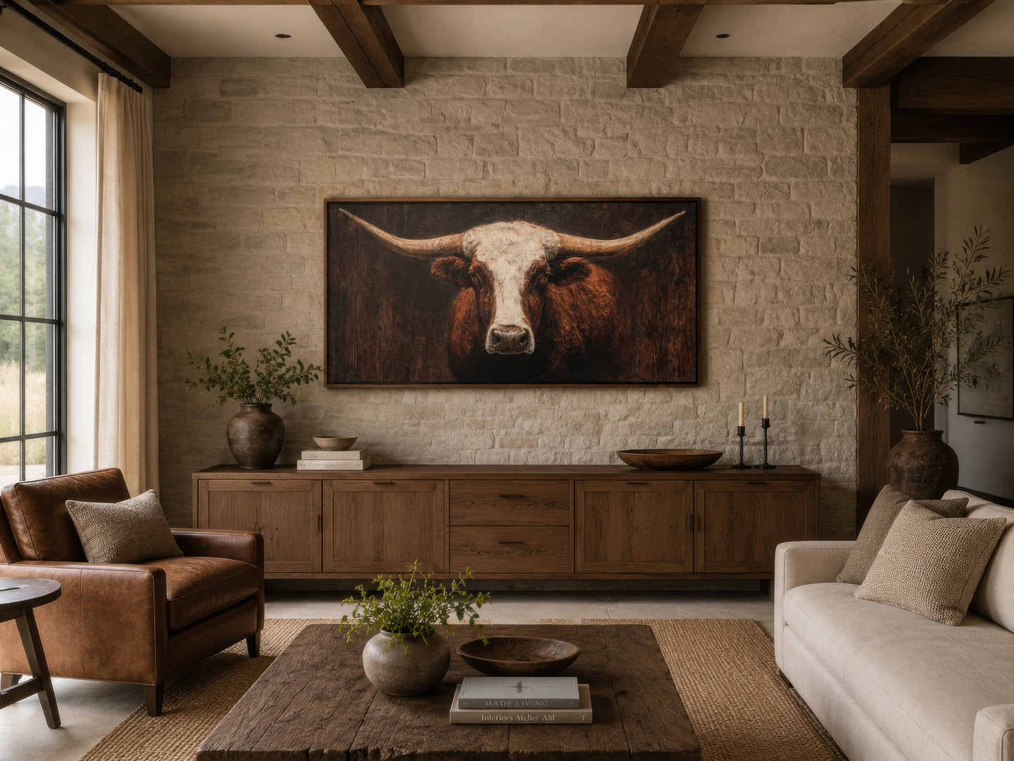 Brown And White Texas Longhorn Bull Extra Large Canvas Wall Art