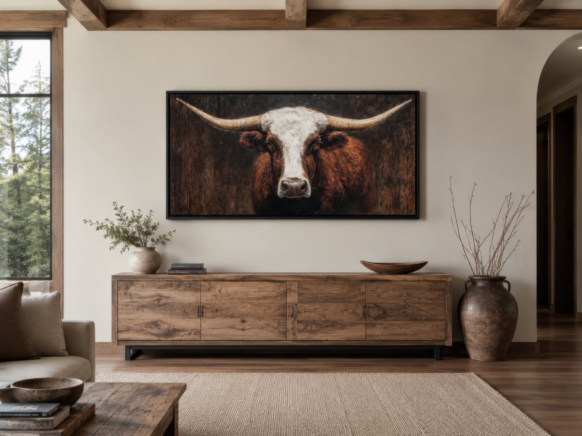 Brown And White Texas Longhorn Bull Extra Large Canvas Wall Art