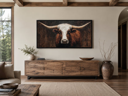 Brown And White Texas Longhorn Bull Extra Large Canvas Wall Art