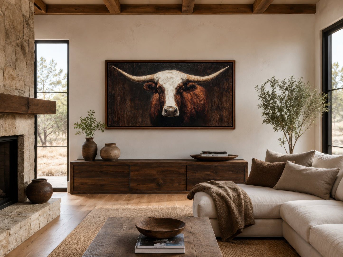 Brown And White Texas Longhorn Bull Extra Large Canvas Wall Art