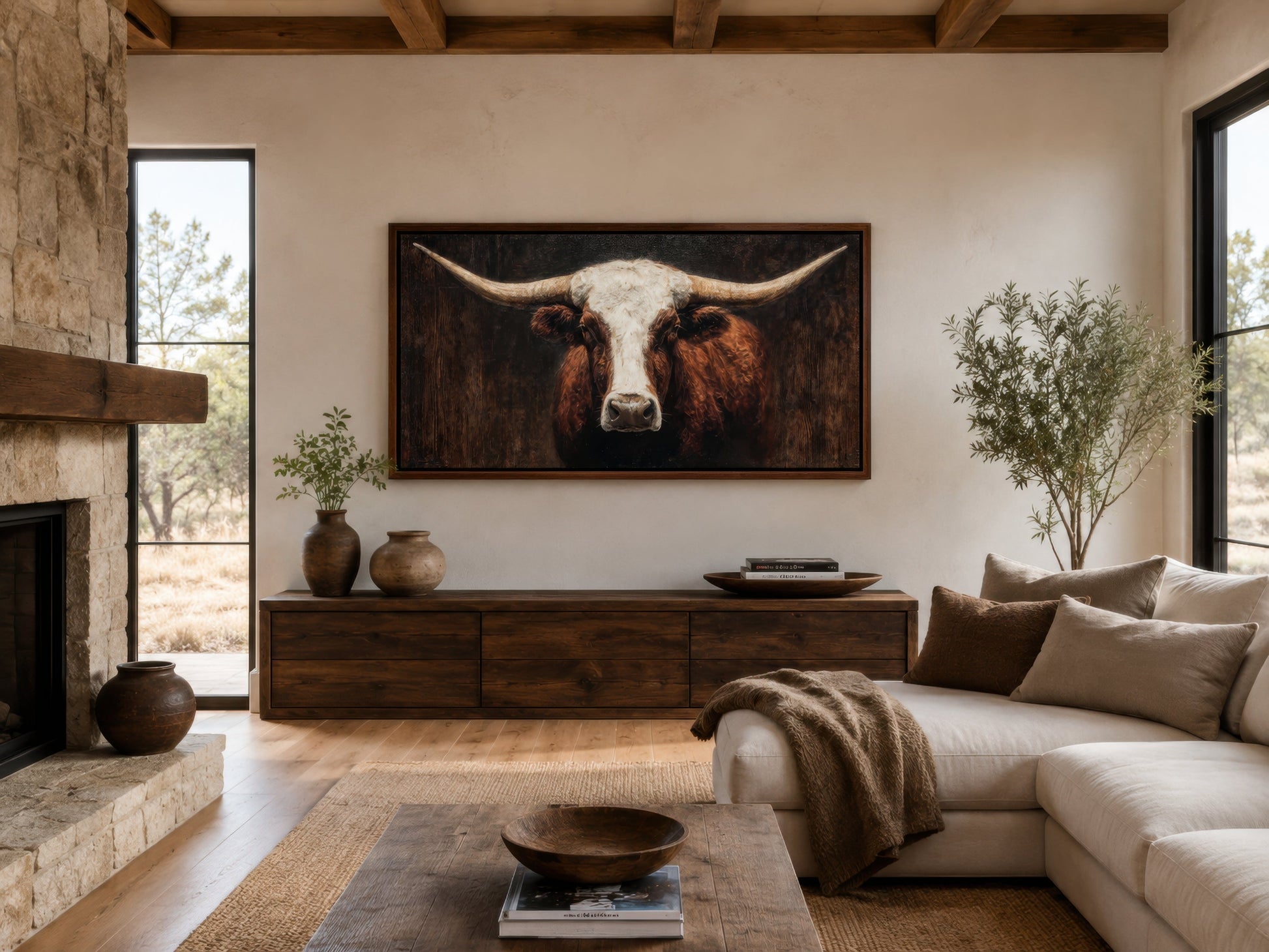 Brown And White Texas Longhorn Bull Extra Large Canvas Wall Art