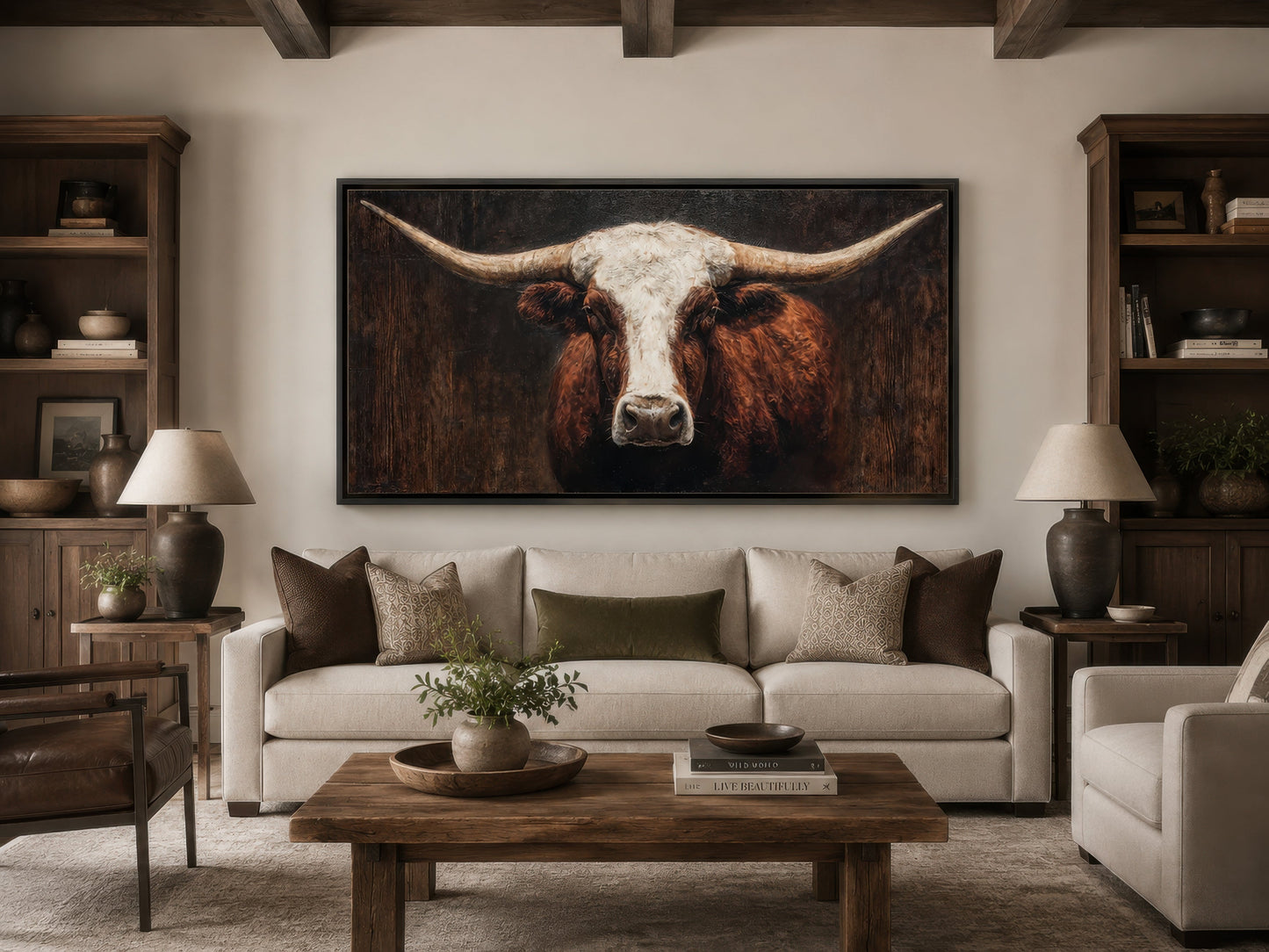 Brown And White Texas Longhorn Bull Extra Large Canvas Wall Art