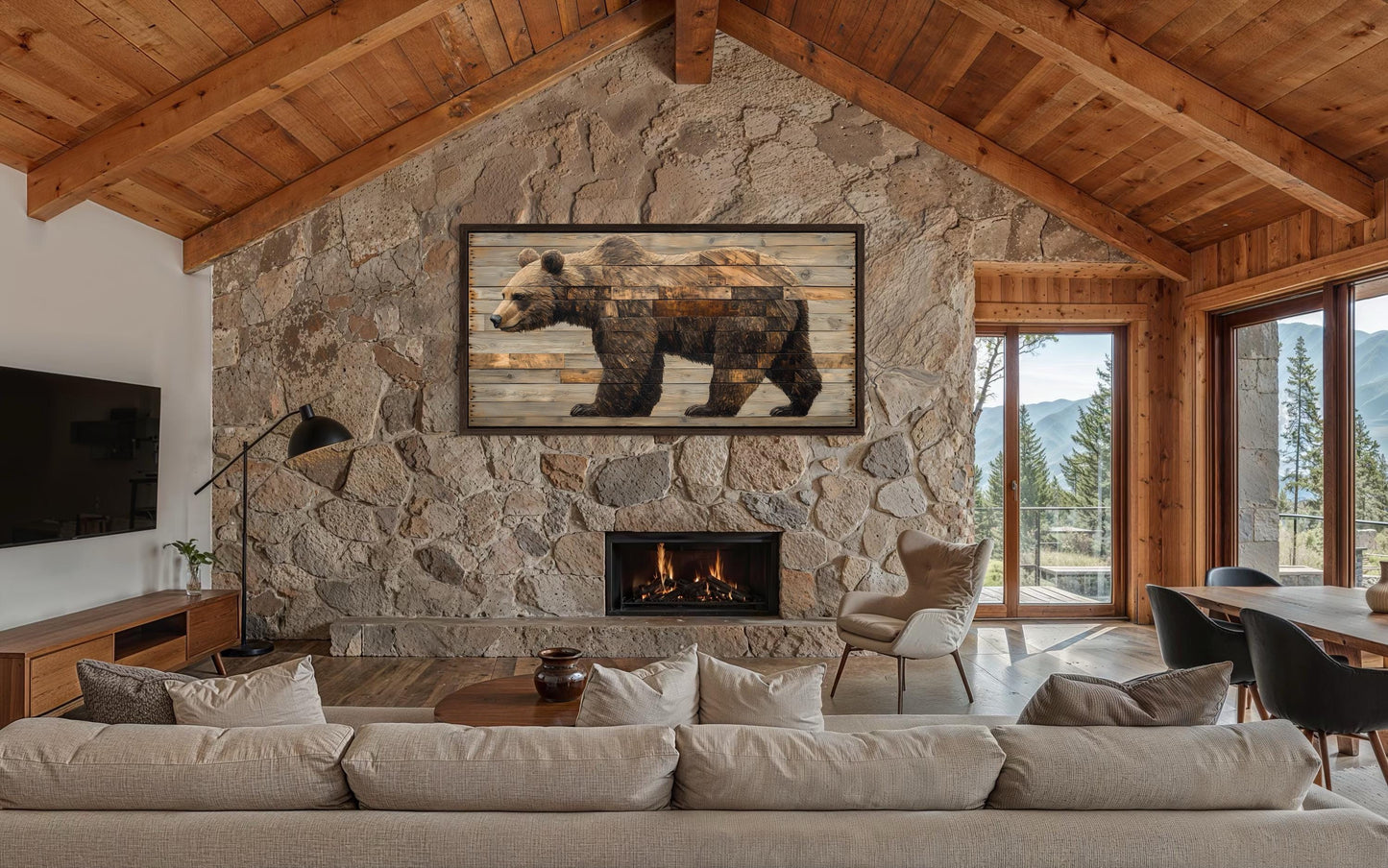 Brown Bear Wall Art – Rustic Cabin Decor | Wood Style Canvas Painting