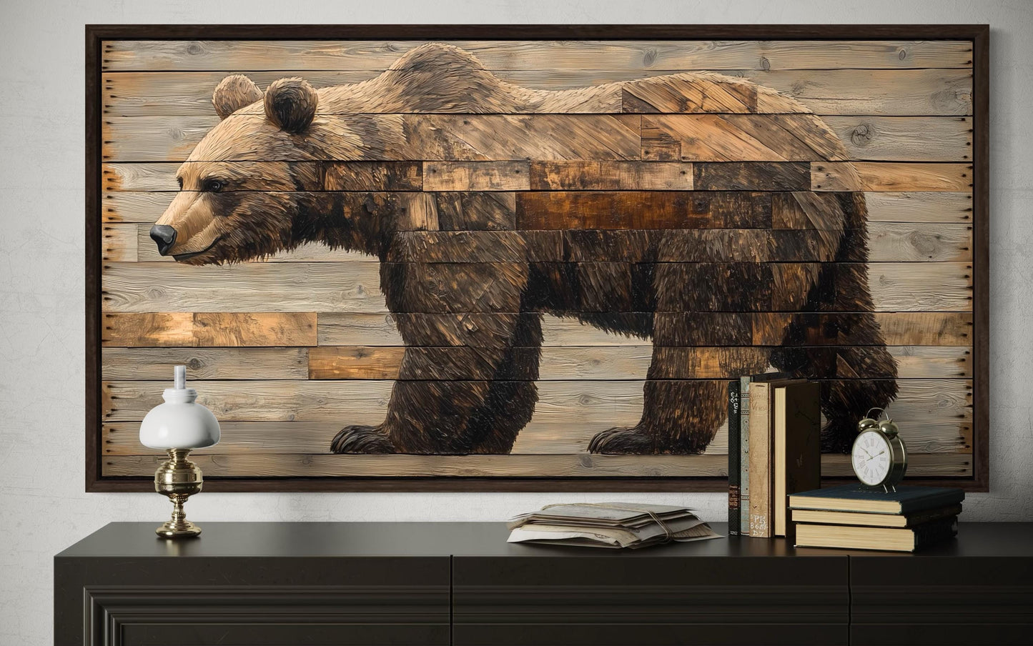 Brown Bear Wall Art – Rustic Cabin Decor | Wood Style Canvas Painting