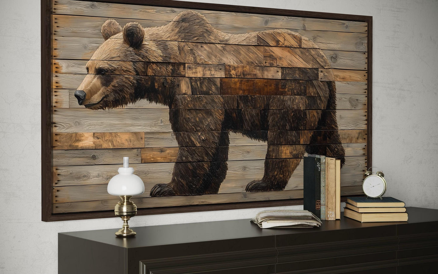 Brown Bear Wall Art – Rustic Cabin Decor | Wood Style Canvas Painting