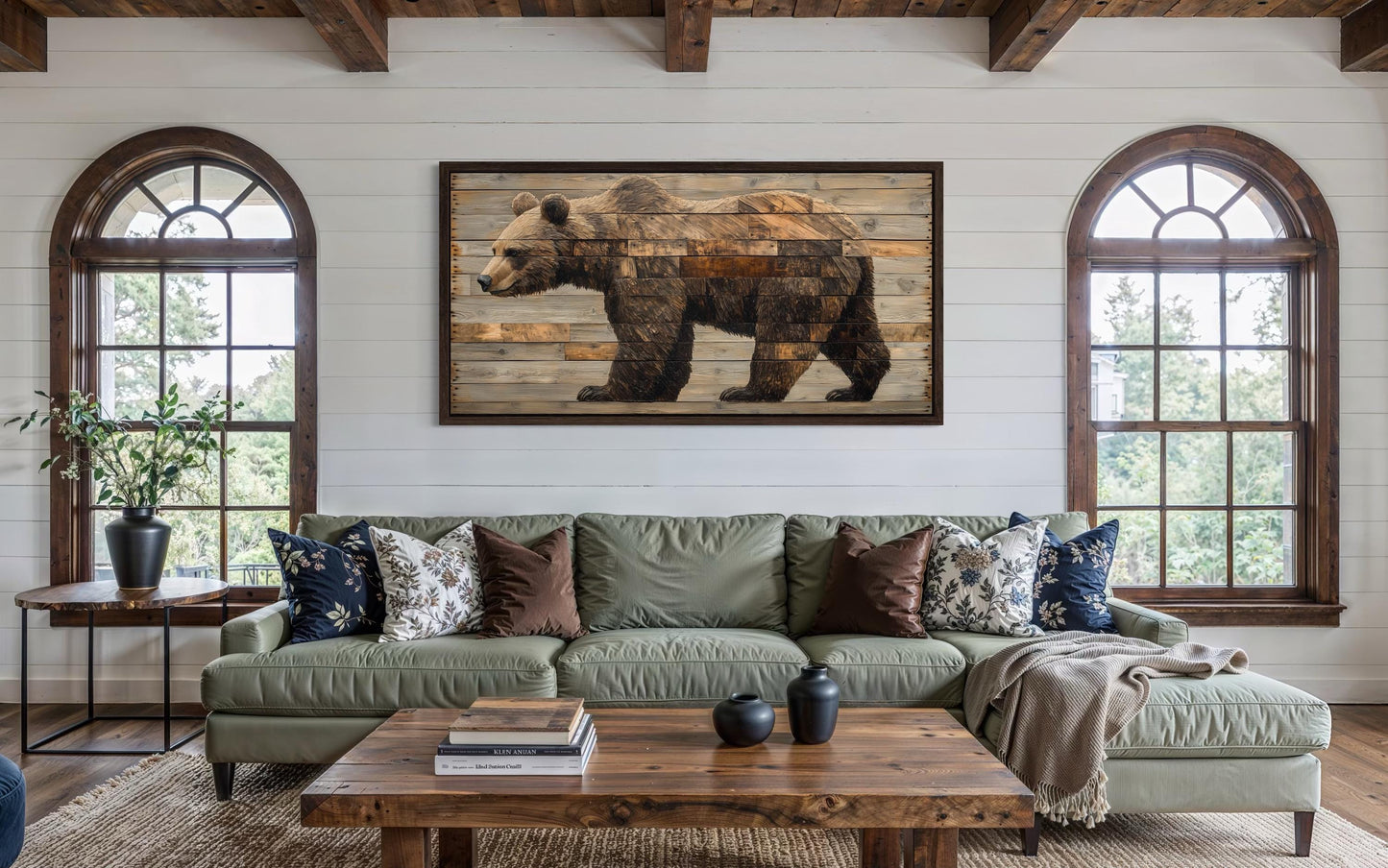 Brown Bear Wall Art – Rustic Cabin Decor | Wood Style Canvas Painting