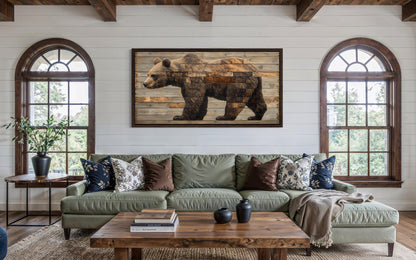 Brown Bear Wall Art – Rustic Cabin Decor | Wood Style Canvas Painting