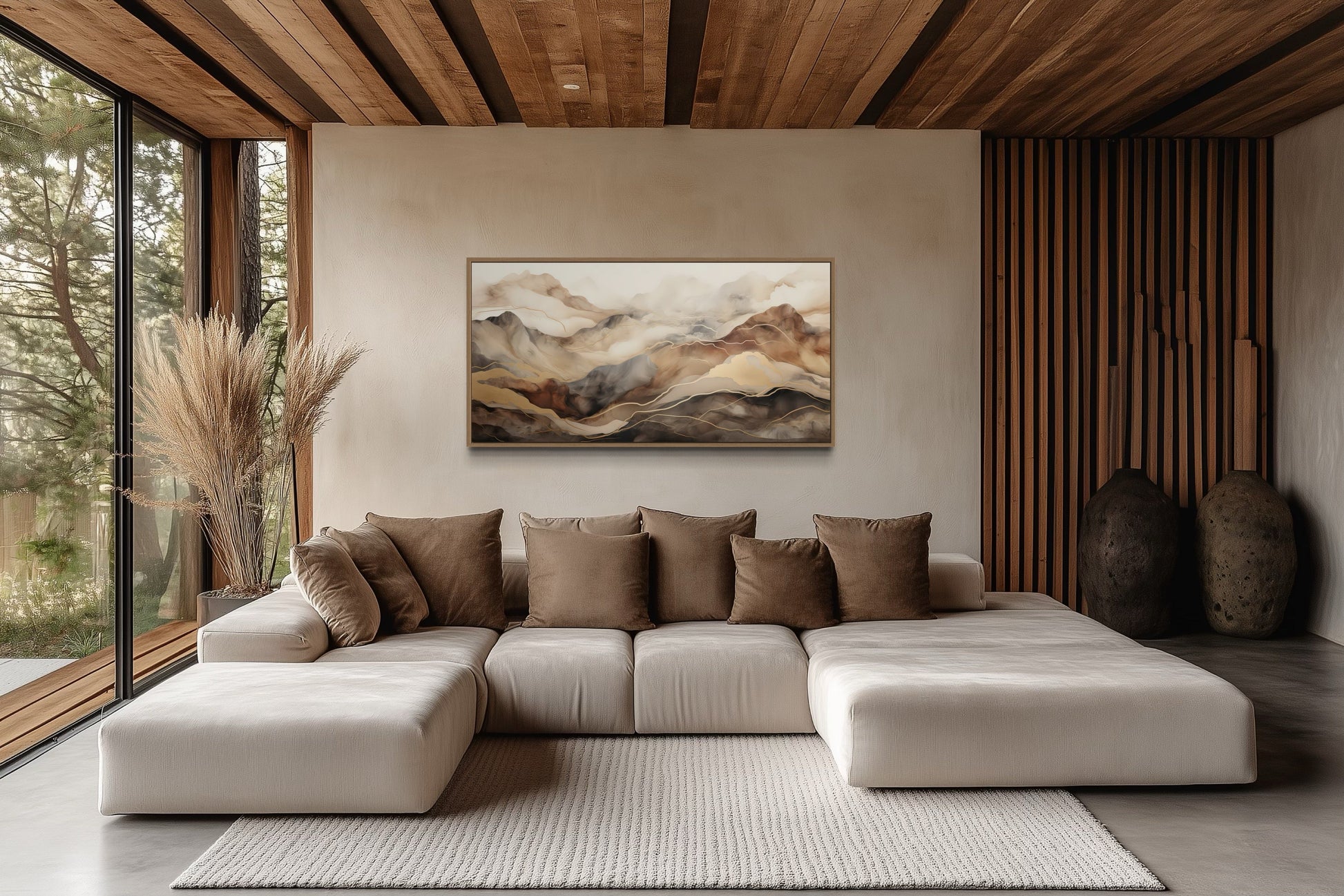 Brown Beige Abstract Marble Mountain Framed Canvas Wall Art