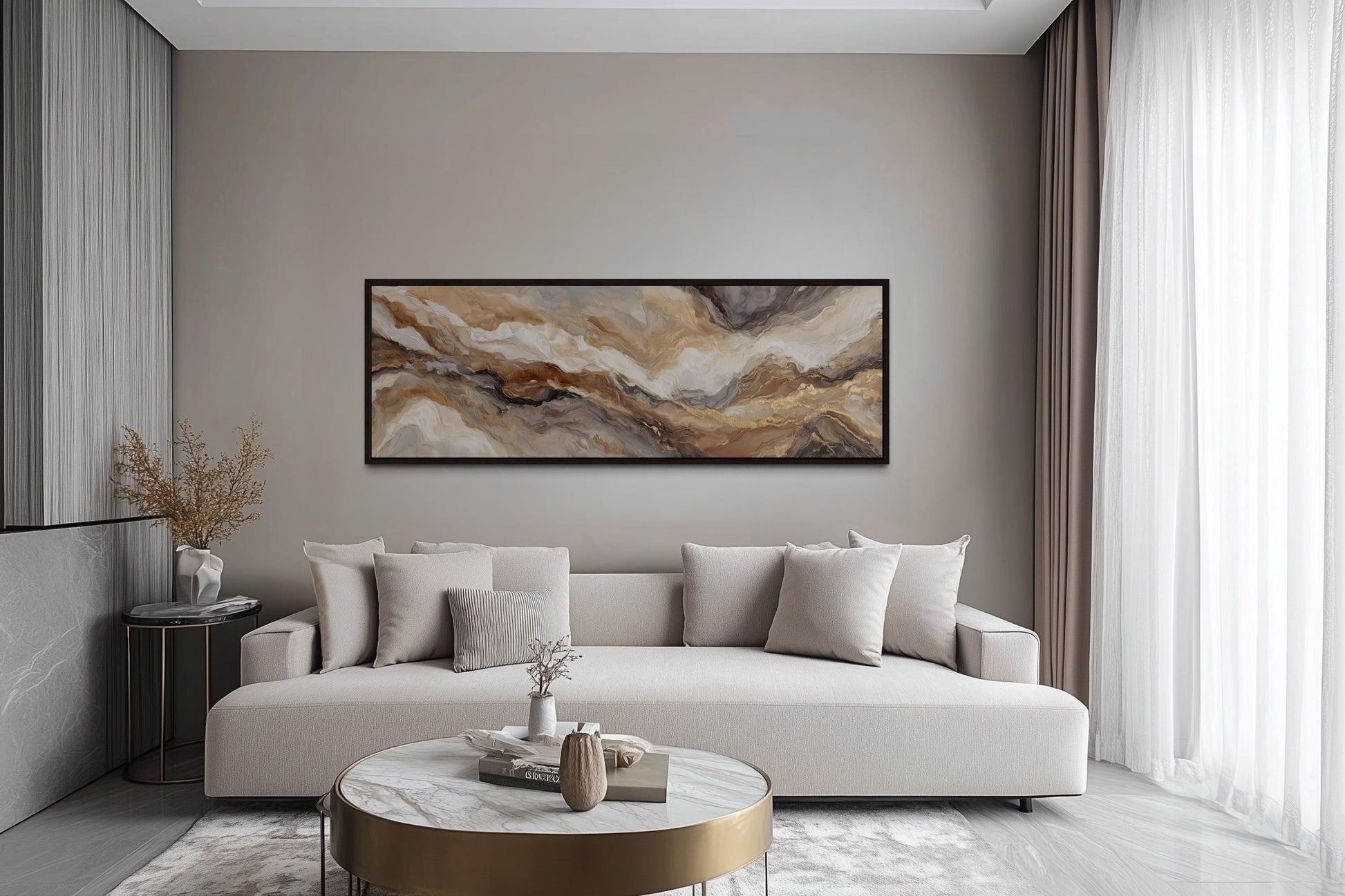 Brown Beige And Gold Long Horizontal Marble-Inspired Abstract Wall Art
