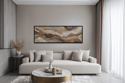 Brown Beige And Gold Long Horizontal Marble-Inspired Abstract Wall Art