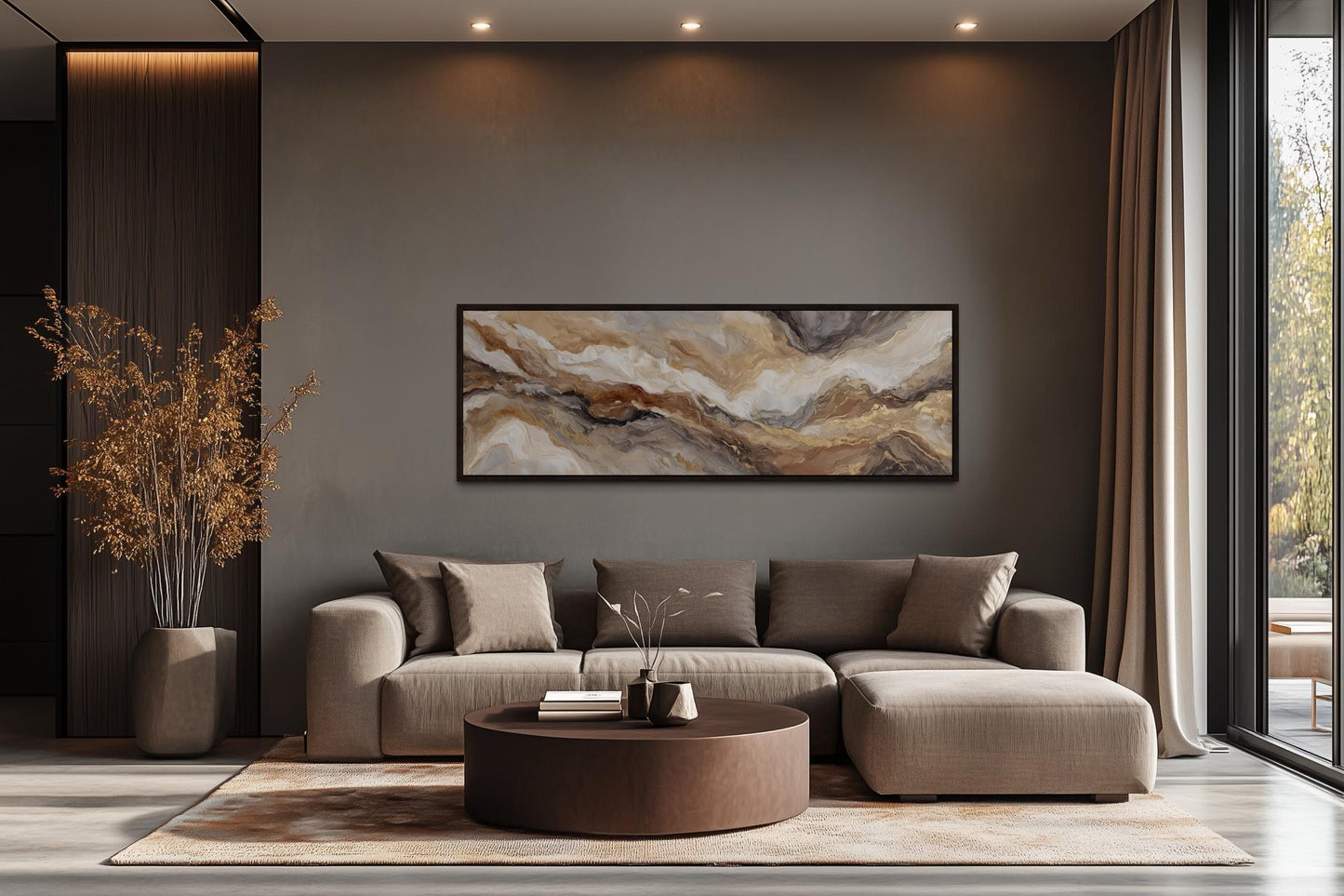 Brown Beige And Gold Long Horizontal Marble-Inspired Abstract Wall Art