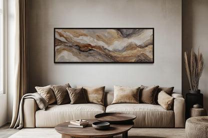 Brown Beige And Gold Long Horizontal Marble-Inspired Abstract Wall Art