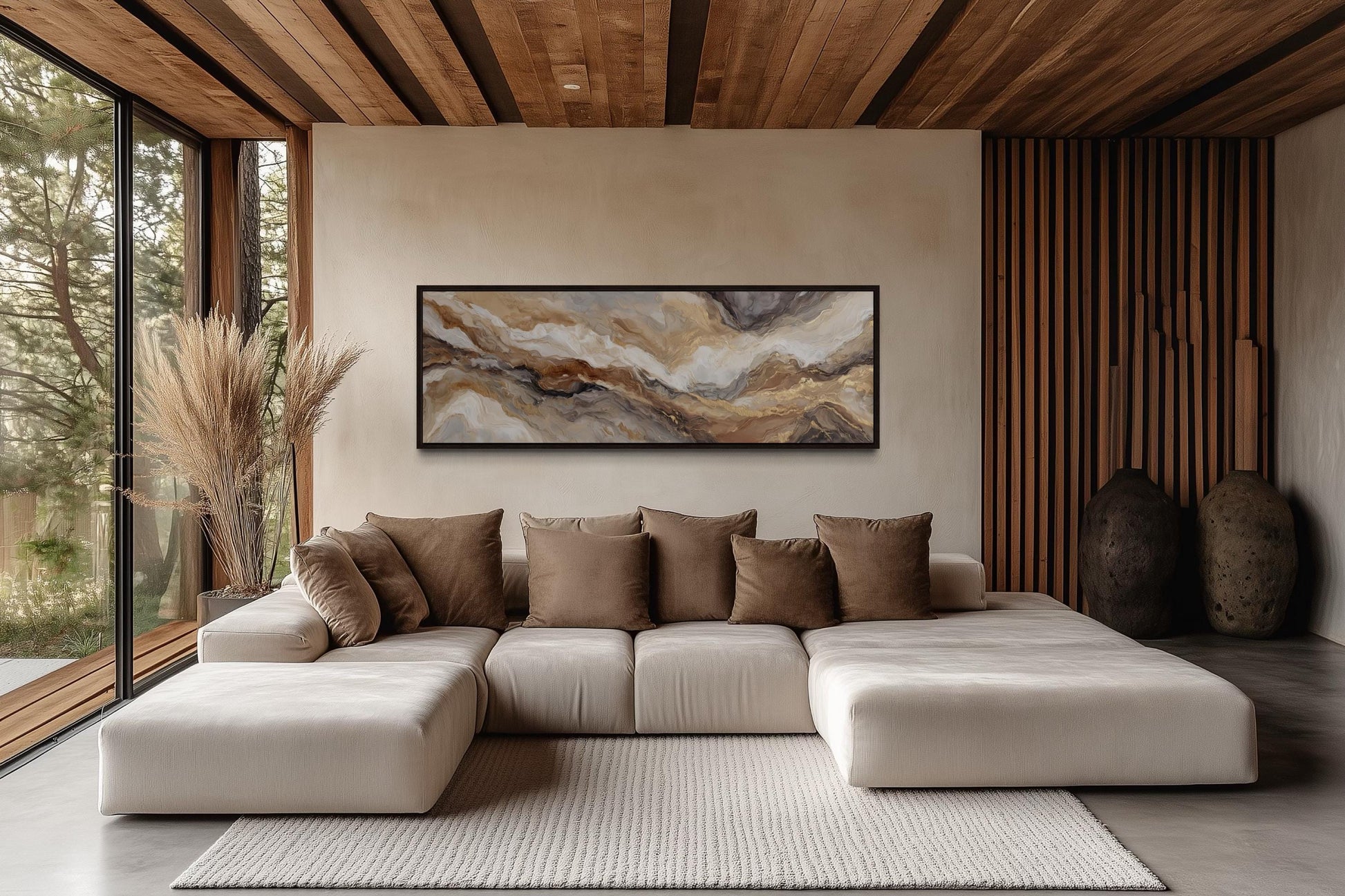 Brown Beige And Gold Long Horizontal Marble-Inspired Abstract Wall Art