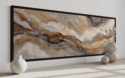 Brown Beige And Gold Long Horizontal Marble-Inspired Abstract Wall Art