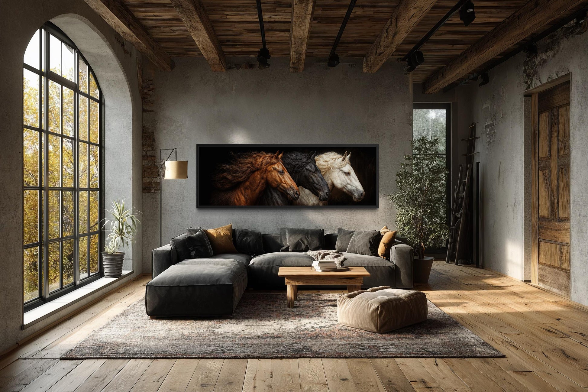 Brown Black White Three Horses Portrait Large Horizontal Wall Art