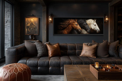 Brown Black White Three Horses Portrait Large Horizontal Wall Art
