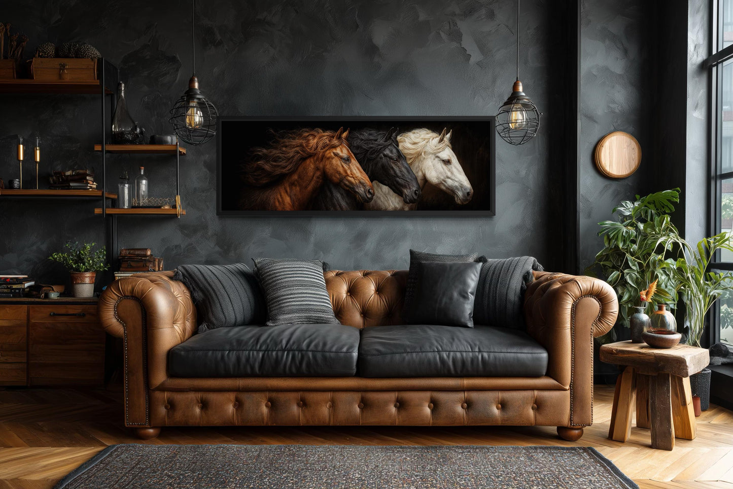 Brown Black White Three Horses Portrait Large Horizontal Wall Art