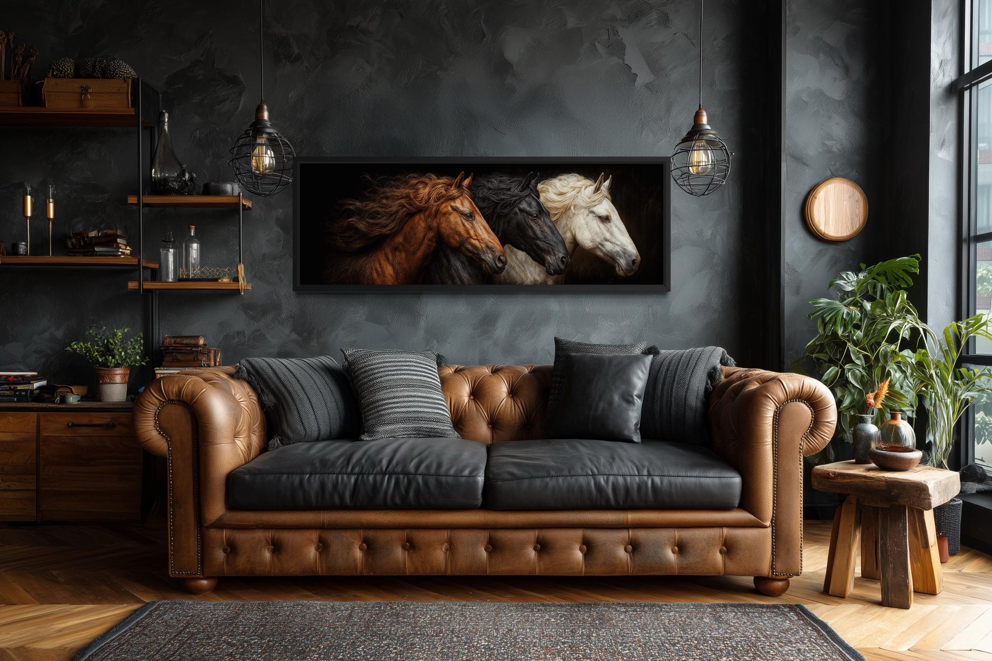 Brown Black White Three Horses Portrait Large Horizontal Wall Art