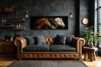 Brown Black White Three Horses Portrait Large Horizontal Wall Art