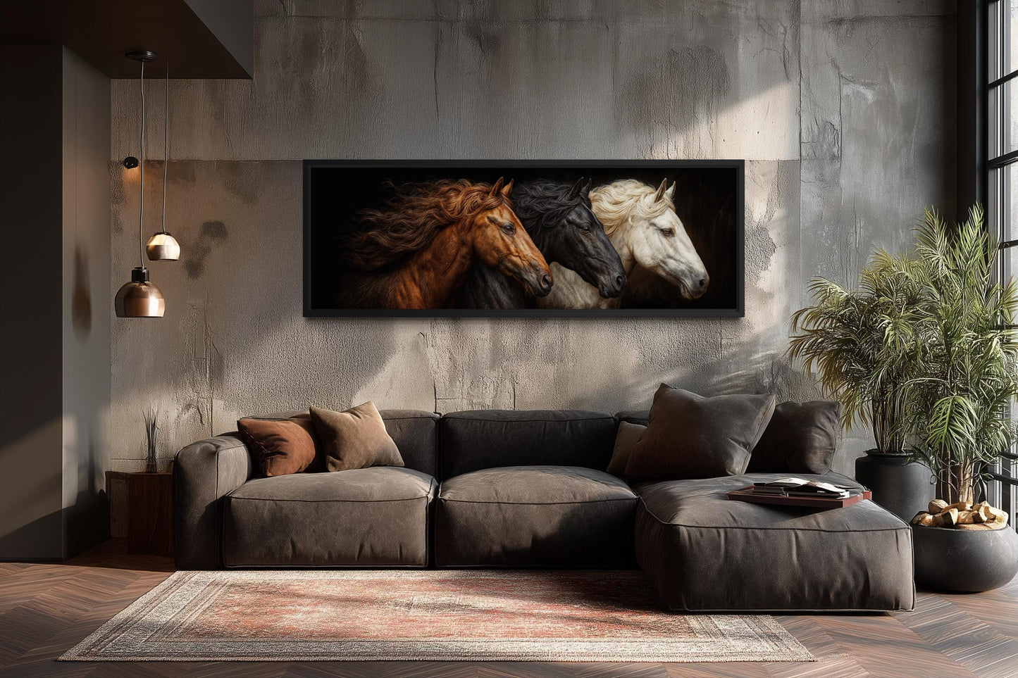 Brown Black White Three Horses Portrait Large Horizontal Wall Art