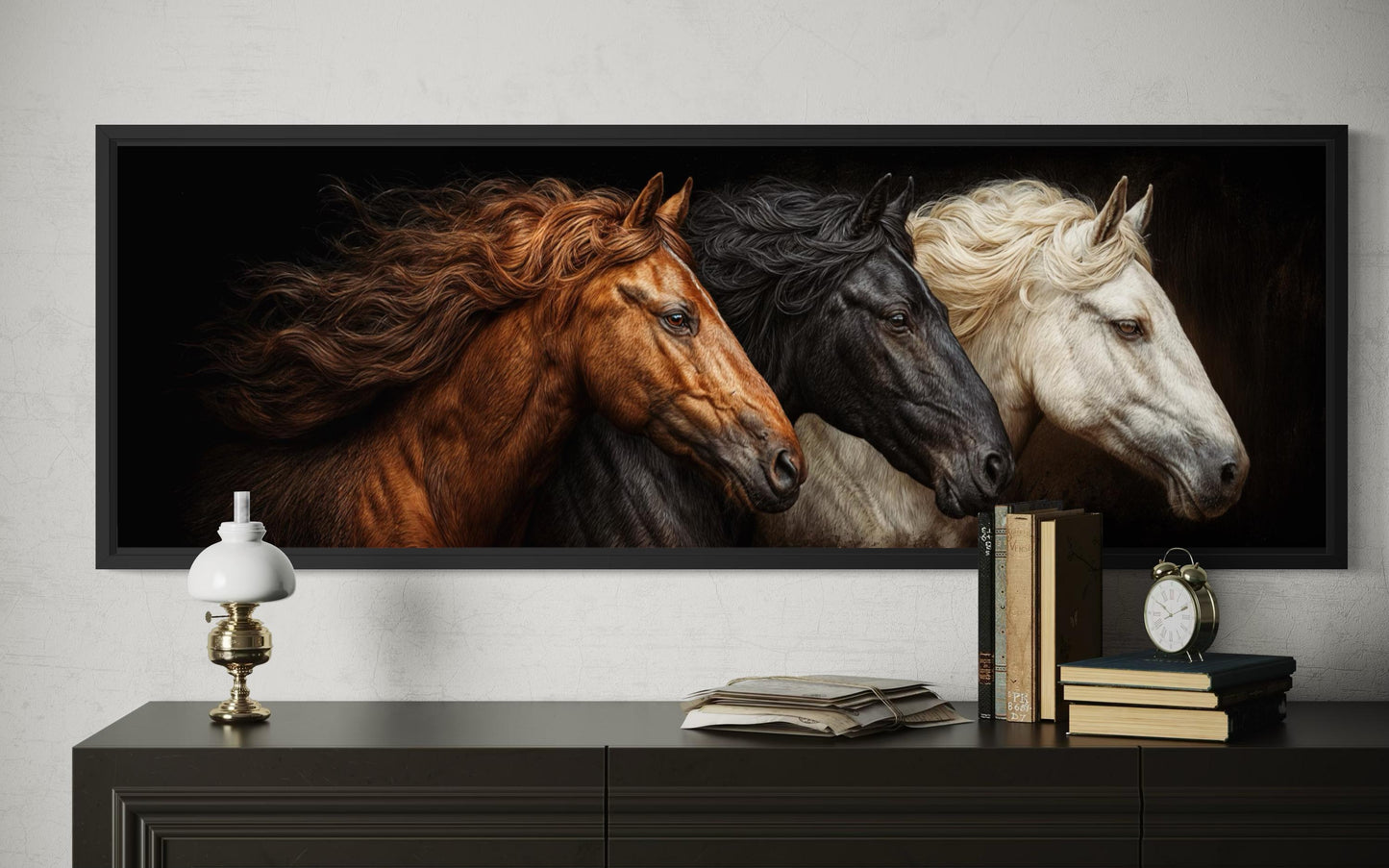 Brown Black White Three Horses Portrait Large Horizontal Wall Art