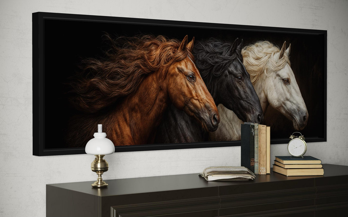 Brown Black White Three Horses Portrait Large Horizontal Wall Art