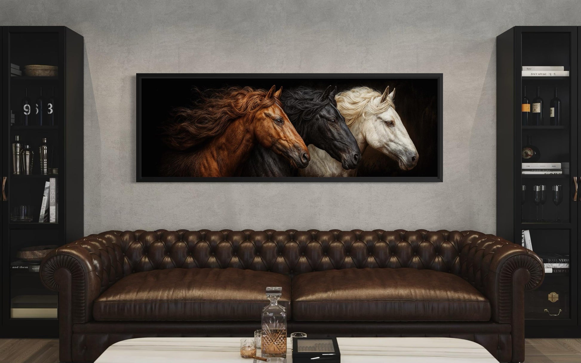 Brown Black White Three Horses Portrait Large Horizontal Wall Art