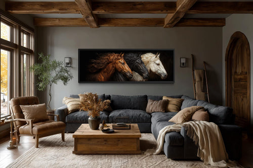 Brown Black White Three Horses Portrait Large Horizontal Wall Art