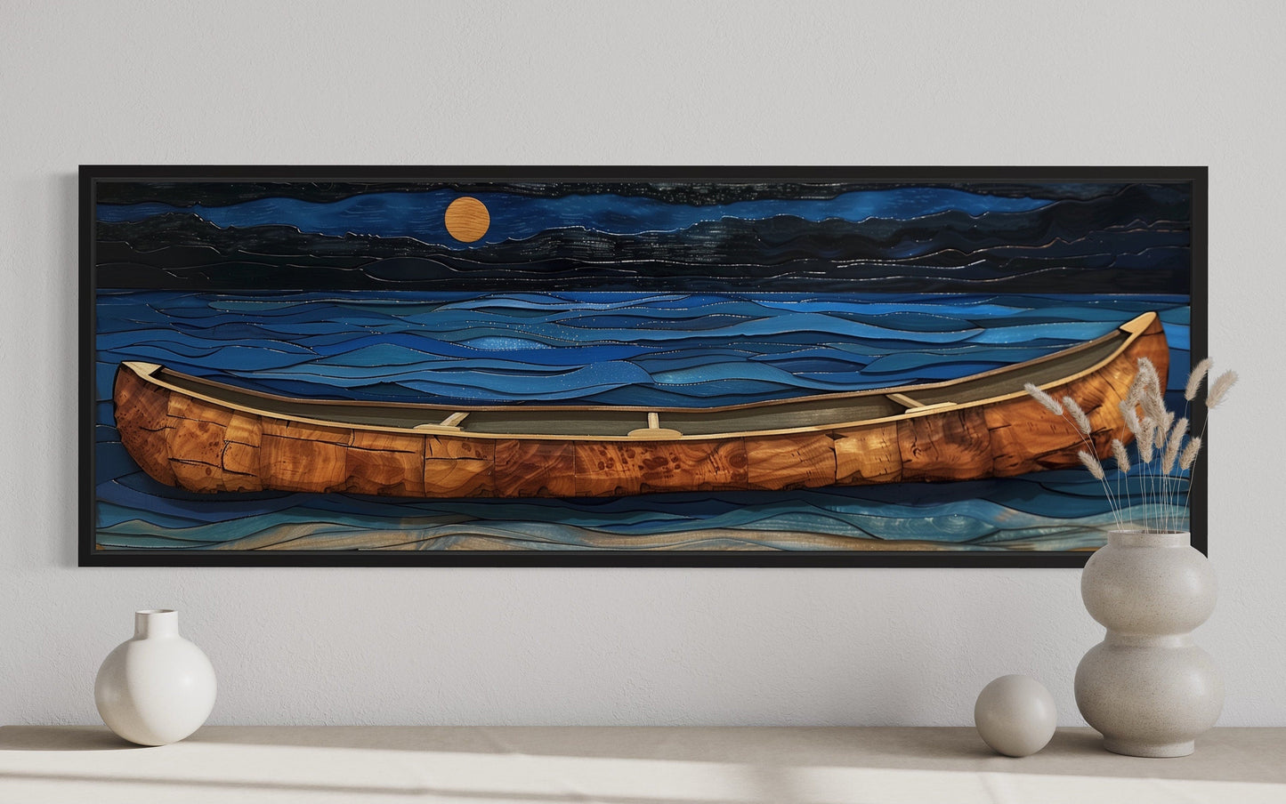 Brown Canoe In Navy Blue Lake At Night Long Horizontal Cabin Wall Art