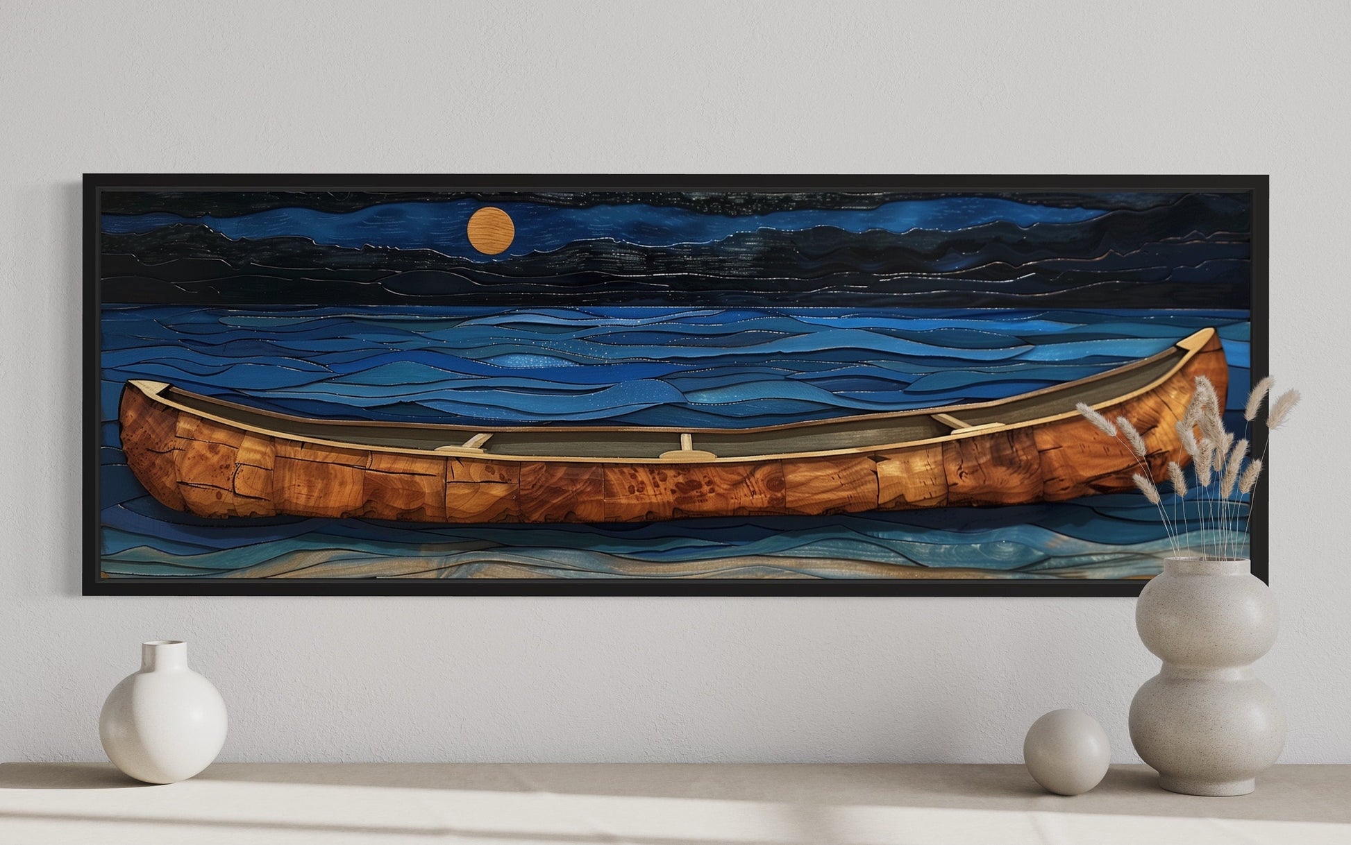 Brown Canoe In Navy Blue Lake At Night Long Horizontal Cabin Wall Art