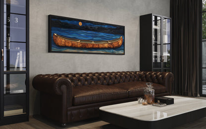 Brown Canoe In Navy Blue Lake At Night Long Horizontal Cabin Wall Art