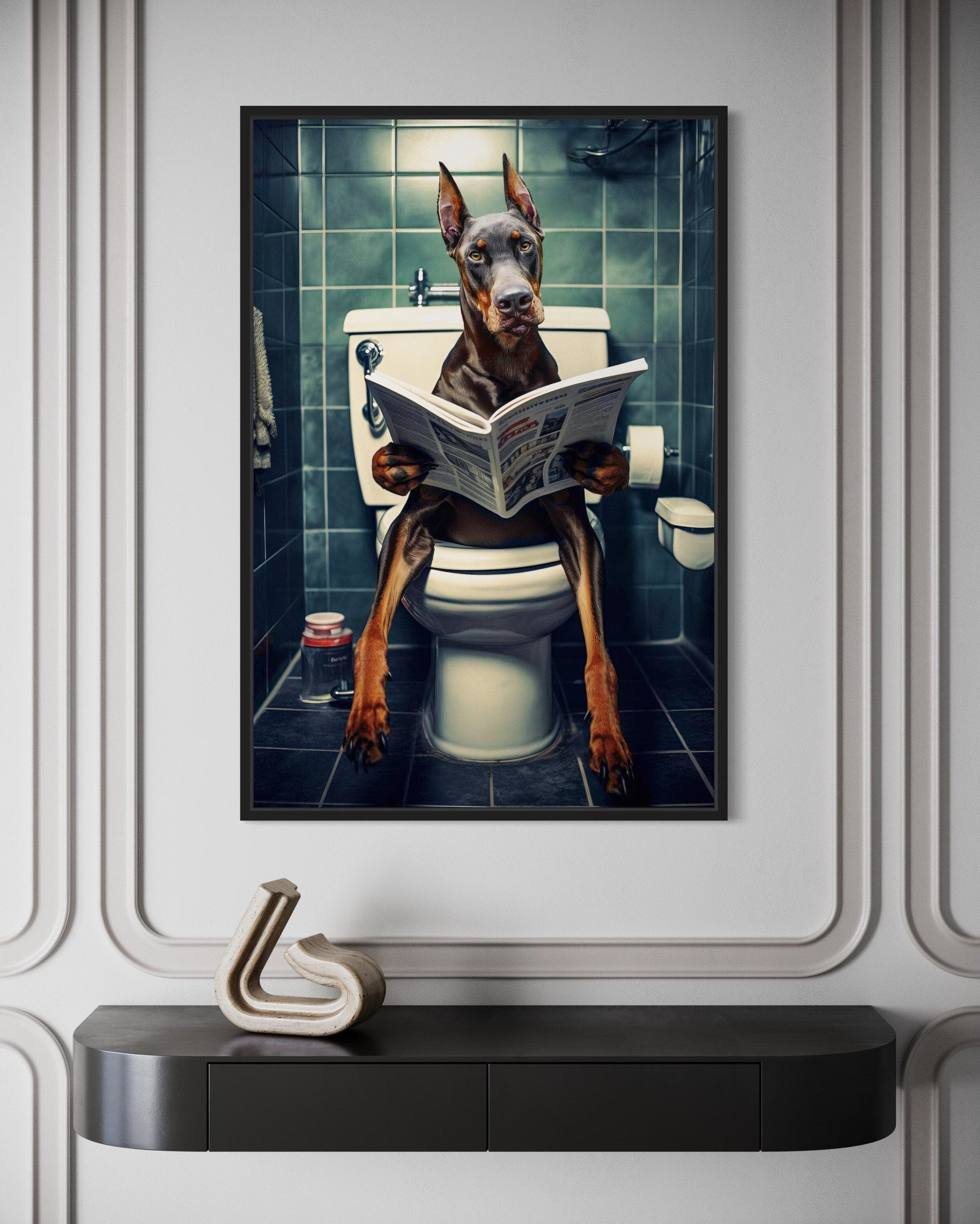 Brown Dobermann Dog On The Toilet Reading Newspaper Picture Canvas Wall Art