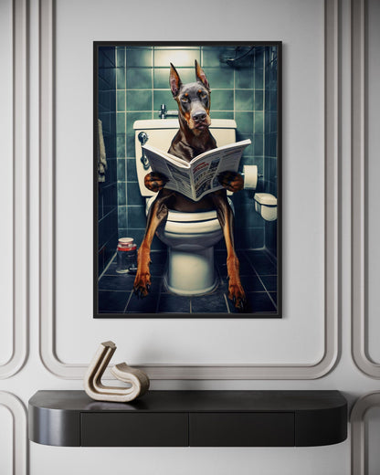 Brown Dobermann Dog On The Toilet Reading Newspaper Picture Canvas Wall Art