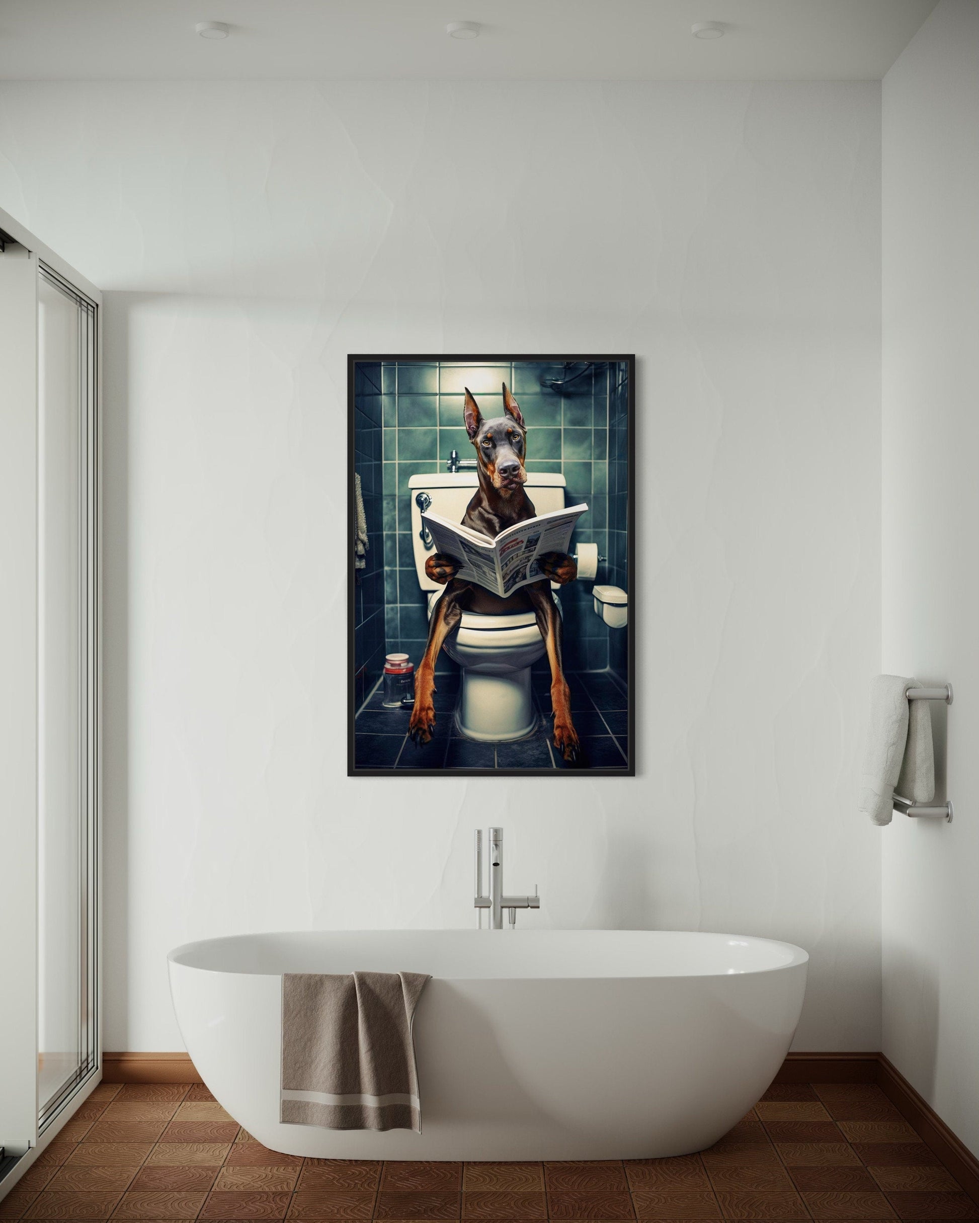 Brown Dobermann Dog On The Toilet Reading Newspaper Picture Canvas Wall Art