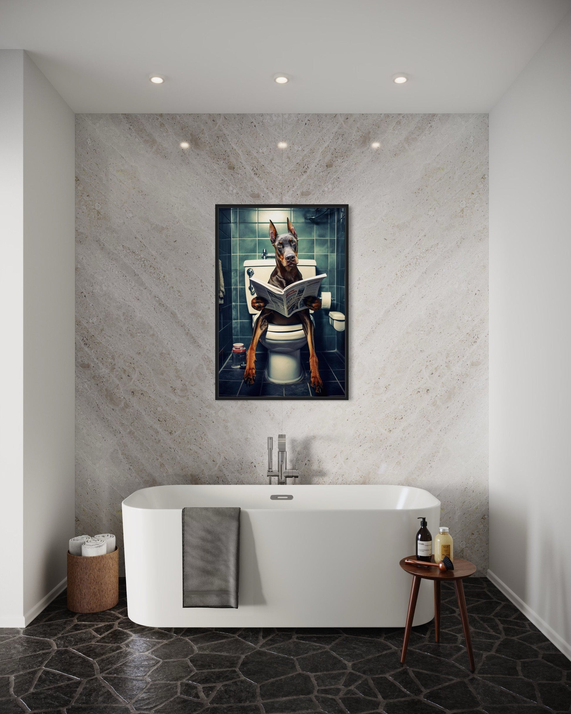 Brown Dobermann Dog On The Toilet Reading Newspaper Picture Canvas Wall Art