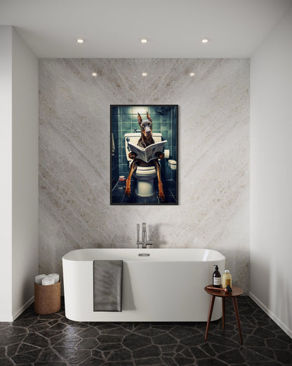 Brown Dobermann Dog On The Toilet Reading Newspaper Picture Canvas Wall Art