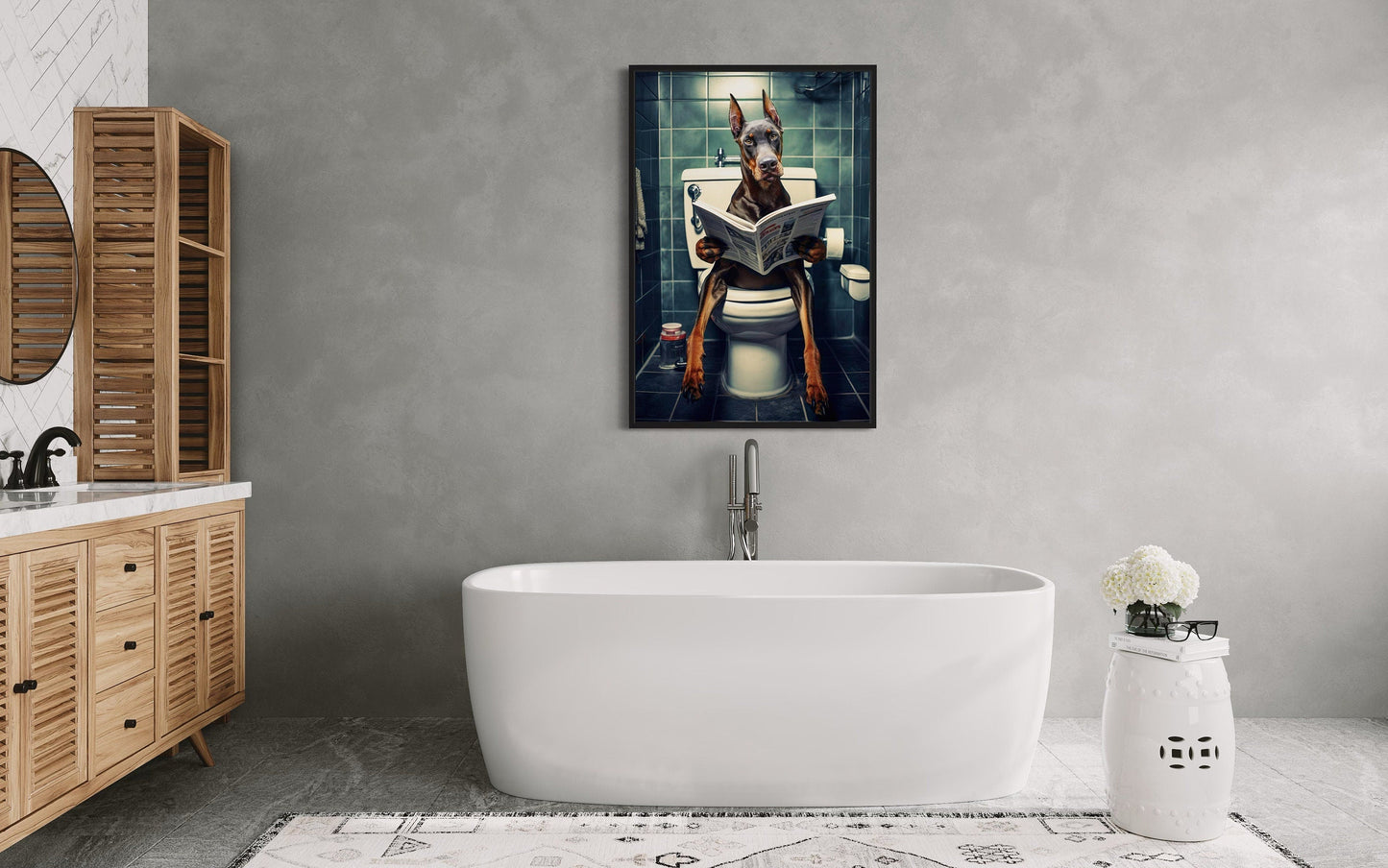 Brown Dobermann Dog On The Toilet Reading Newspaper Picture Canvas Wall Art