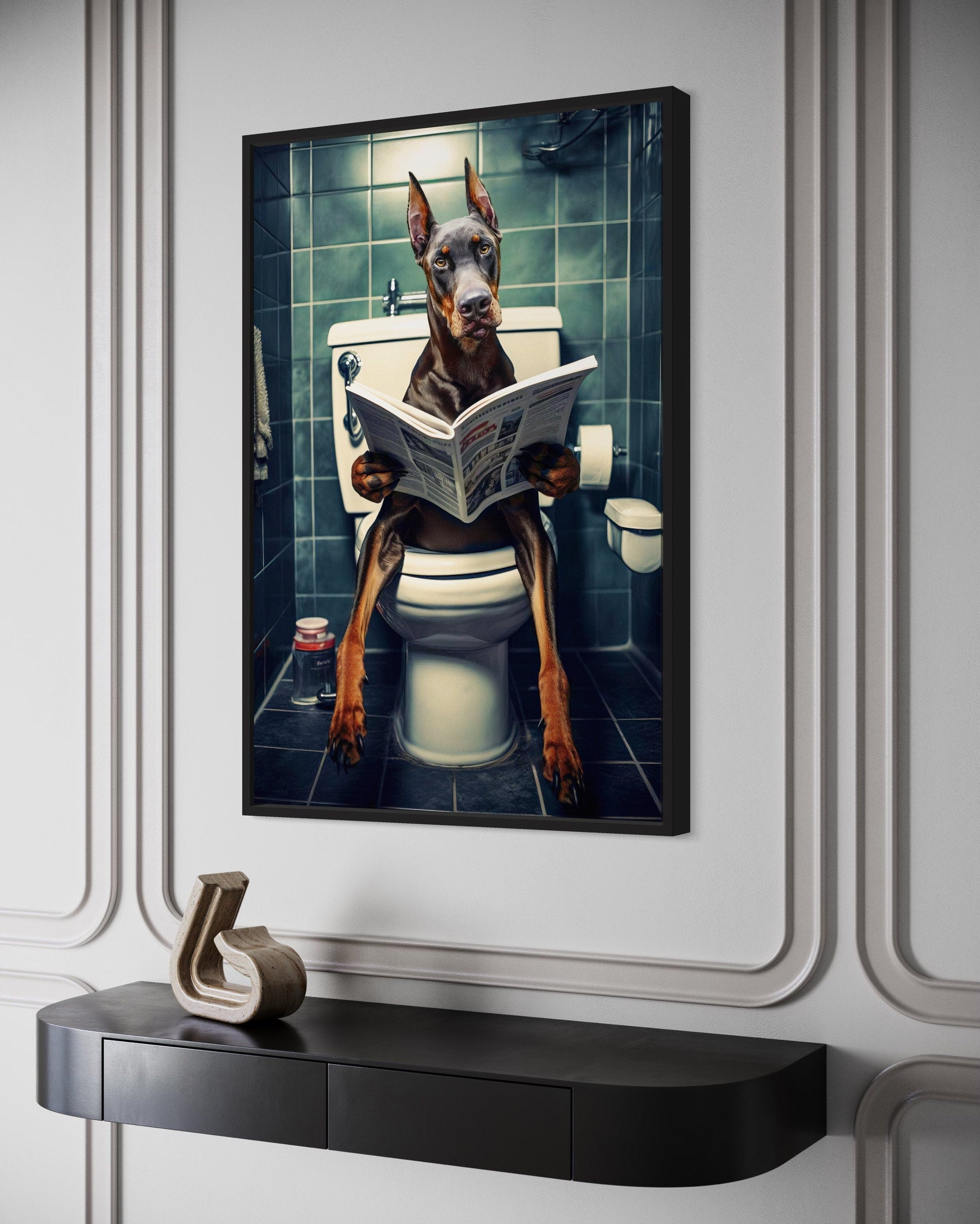 Brown Dobermann Dog On The Toilet Reading Newspaper Picture Canvas Wall Art