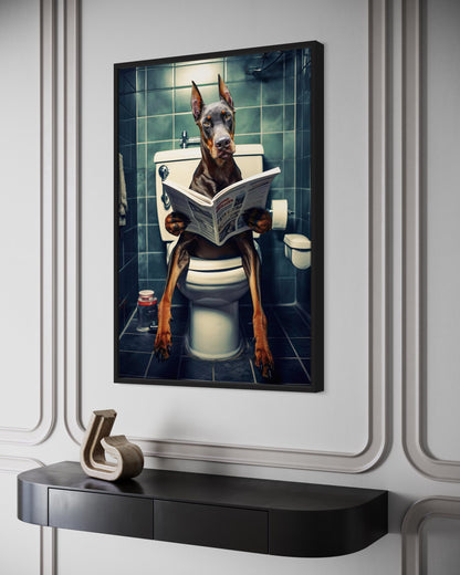 Brown Dobermann Dog On The Toilet Reading Newspaper Picture Canvas Wall Art