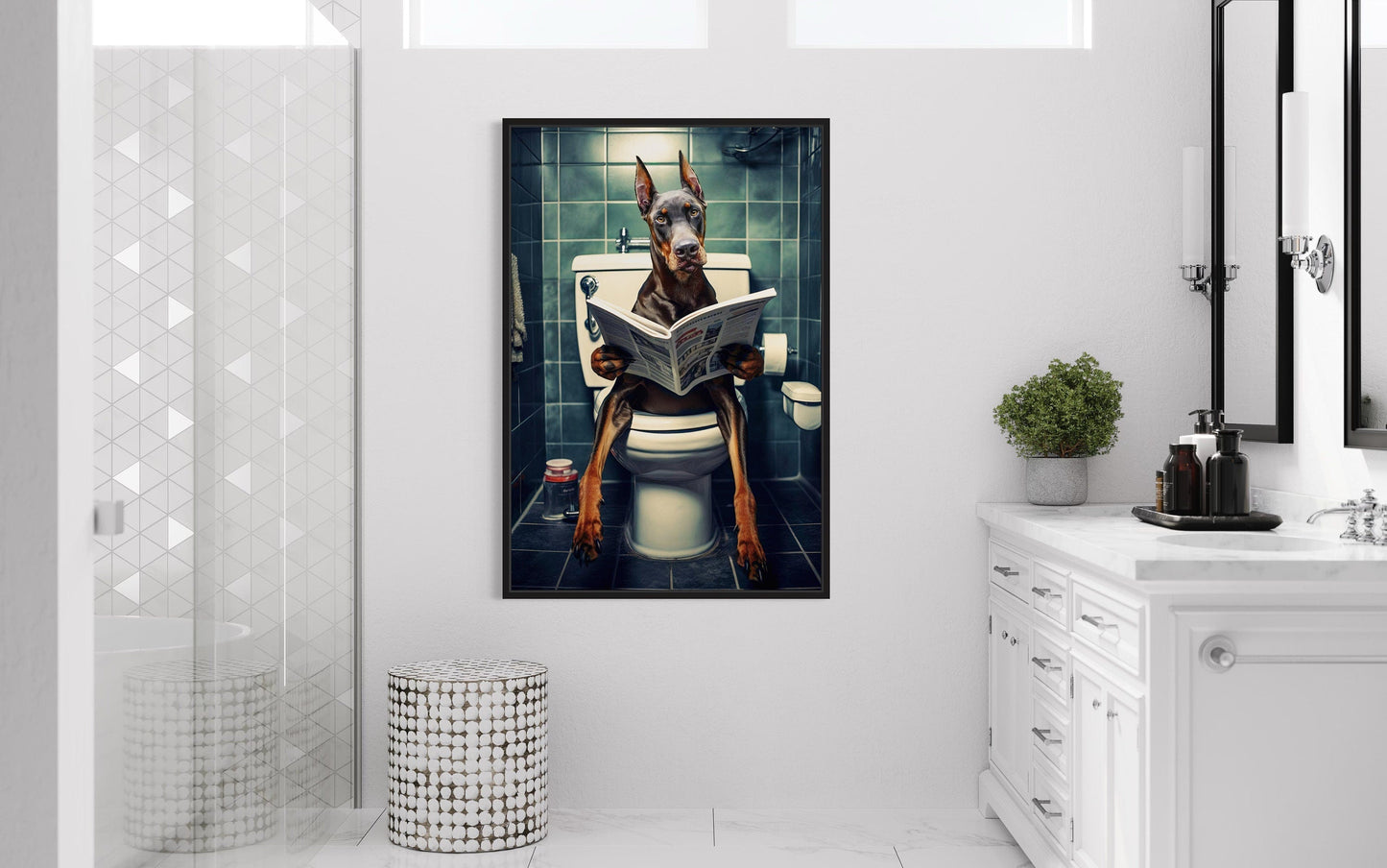 Brown Dobermann Dog On The Toilet Reading Newspaper Picture Canvas Wall Art