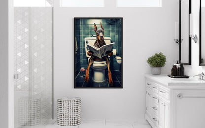 Brown Dobermann Dog On The Toilet Reading Newspaper Picture Canvas Wall Art