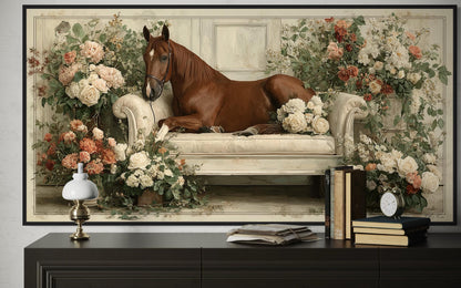 Brown Horse On Couch Floral Canvas Wall Art