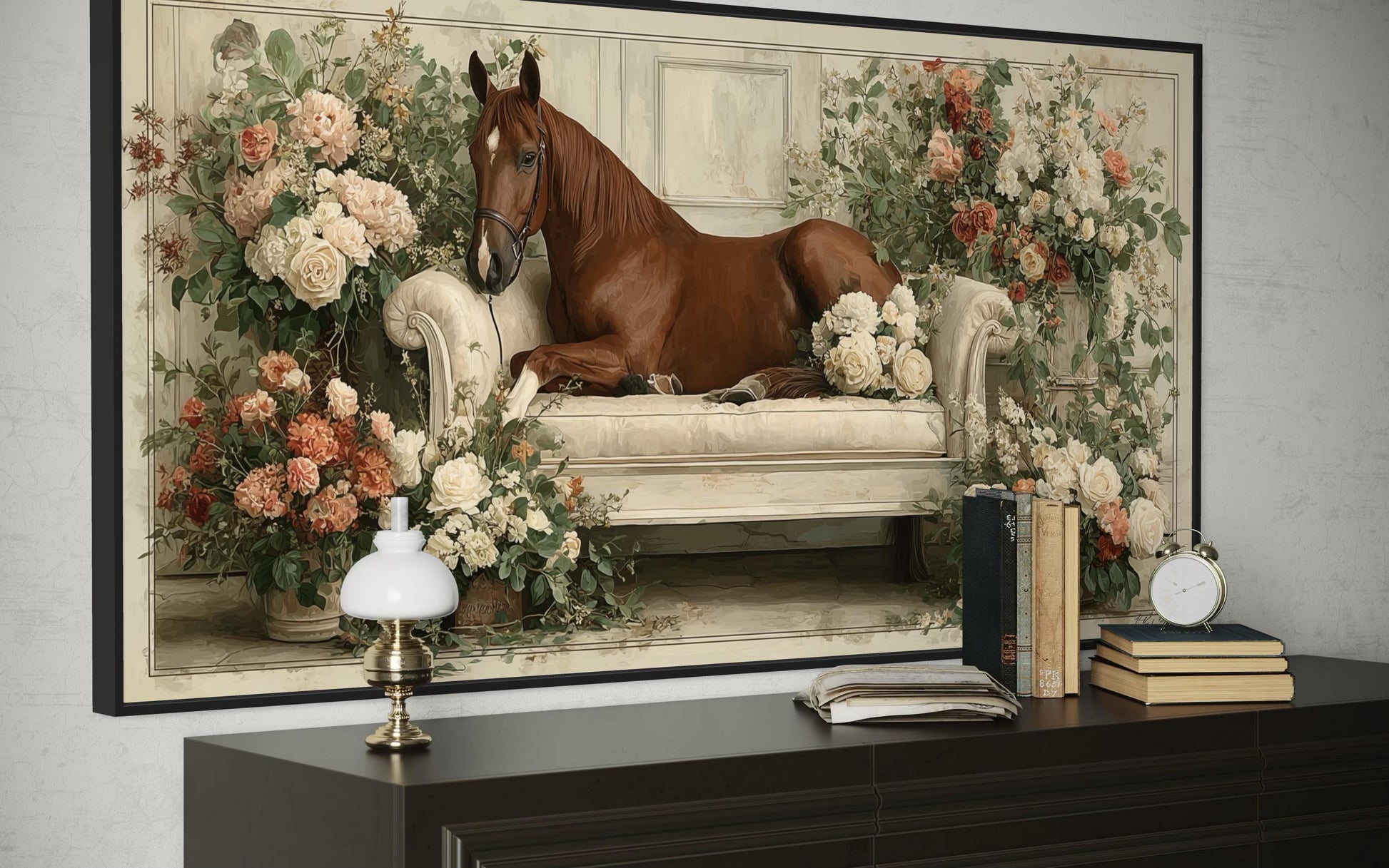 Brown Horse On Couch Floral Canvas Wall Art