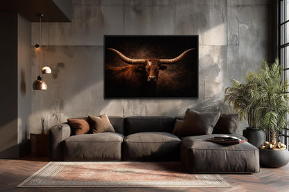 Brown Longhorn Bull Wall Art – Rustic Western Ranch Decor | Texas Steer Canvas Print