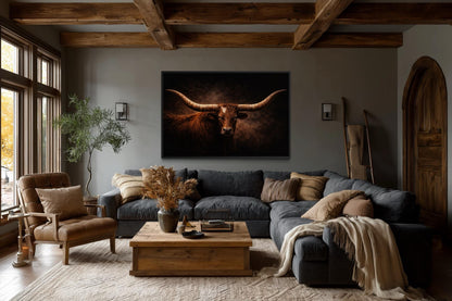 Brown Longhorn Bull Wall Art – Rustic Western Ranch Decor | Texas Steer Canvas Print
