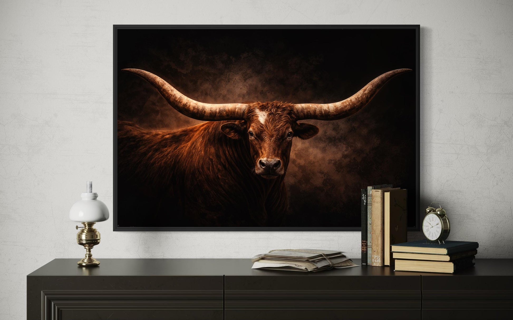 Brown Longhorn Bull Wall Art – Rustic Western Ranch Decor | Texas Steer Canvas Print