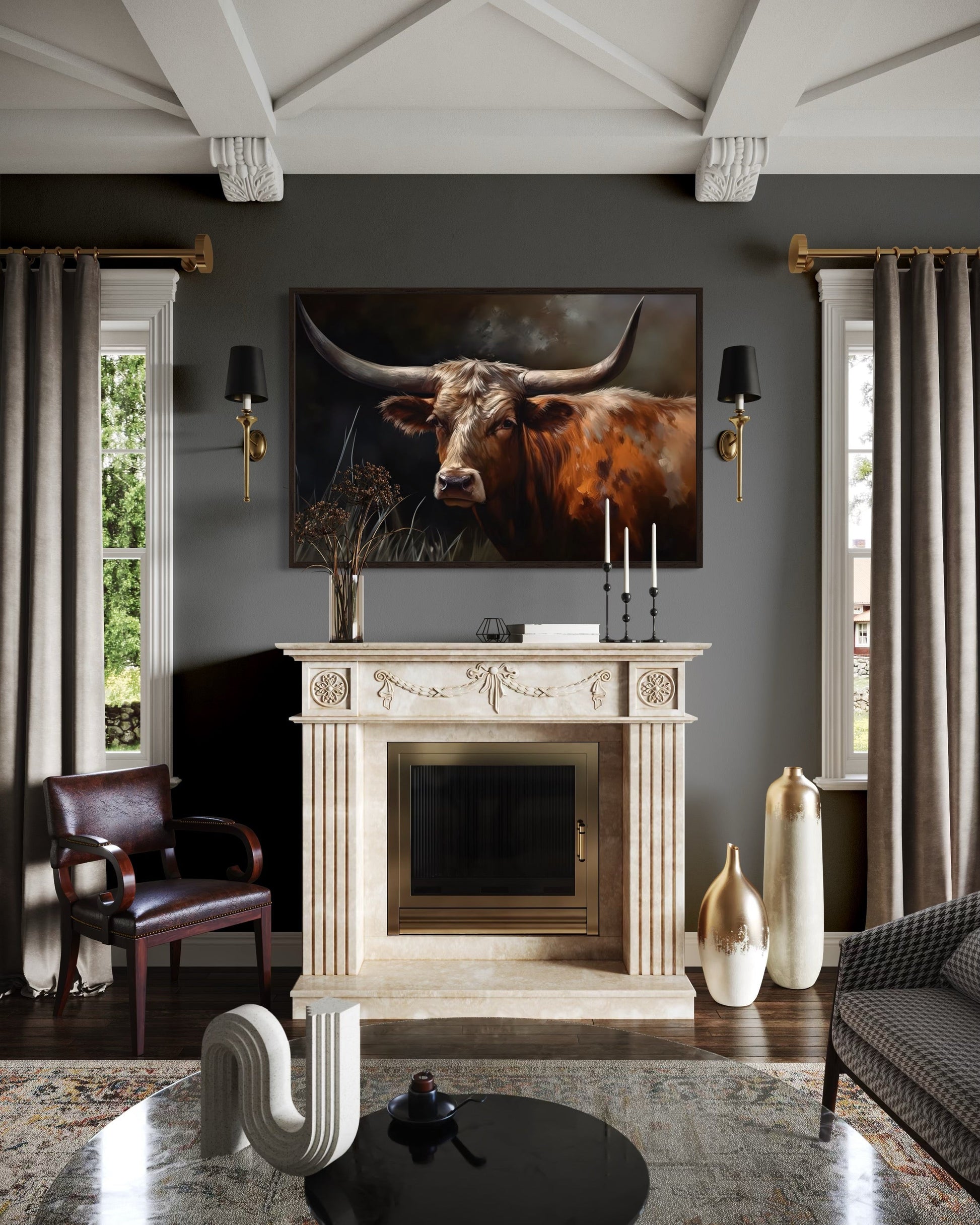 Brown Beautiful Texas Longhorn Cow Framed Canvas Wall Art