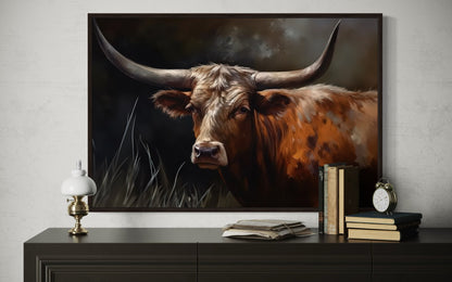 Brown Beautiful Texas Longhorn Cow Framed Canvas Wall Art