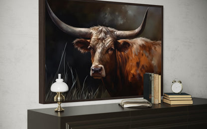 Brown Beautiful Texas Longhorn Cow Framed Canvas Wall Art
