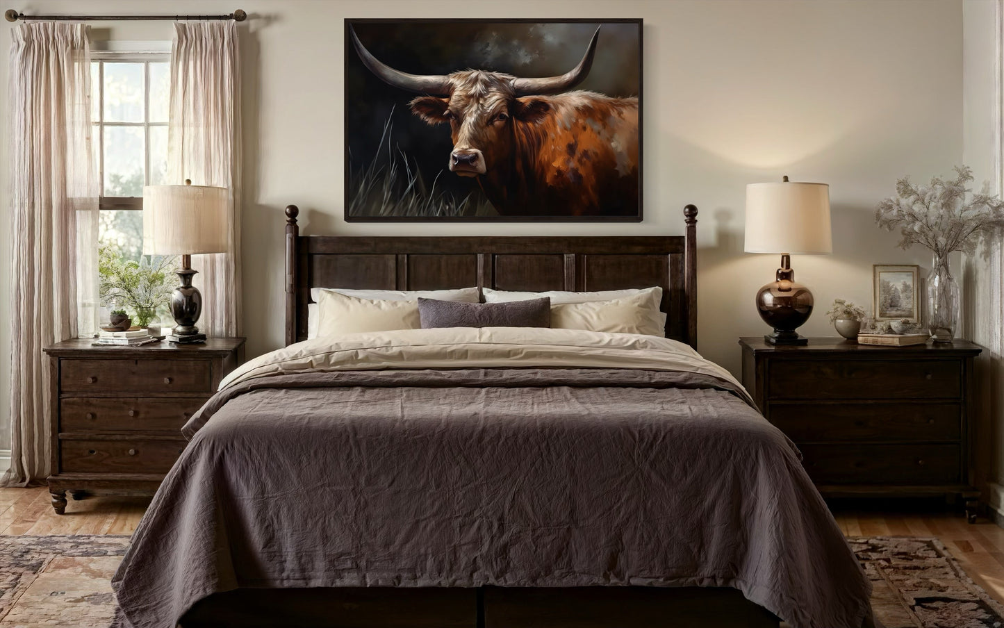 Brown Beautiful Texas Longhorn Cow Framed Canvas Wall Art